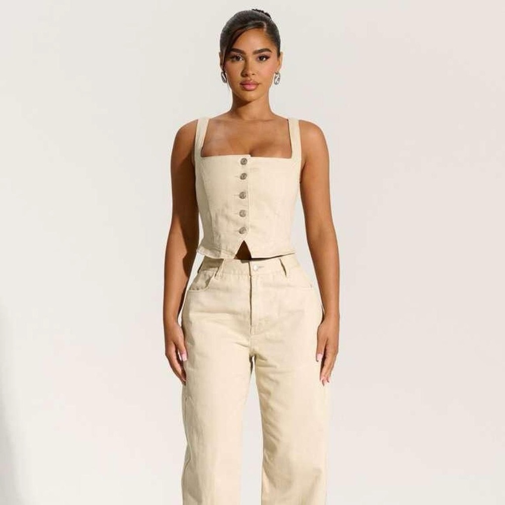 Naked Wardrobe Denim Lace Up Corset In Cream Tan